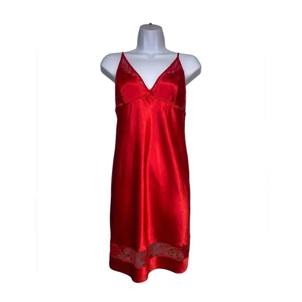 Victoria's Secret 2017 red satin slip dress with lace trim and adjustable straps